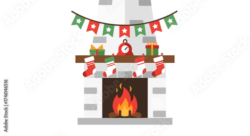 Festive Fireplace Mantel with Stockings, Bunting, and Gifts.