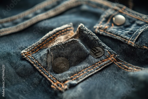 Close-up of distressed denim with metal buttons and stitching.