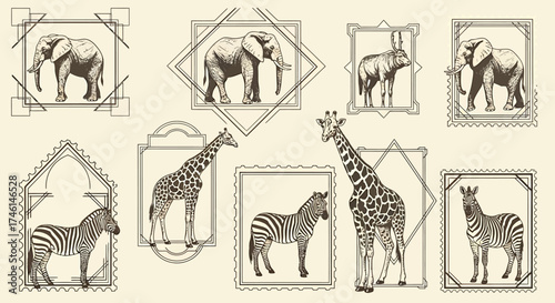 Elegant Engraved African Wildlife Collection - Elephants, Giraffes, and Zebras in Frames.