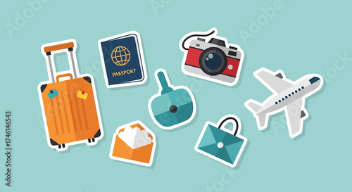 Flat Design Travel Icons Set with Luggage, Passport, Camera, Airplane, and Envelopes.