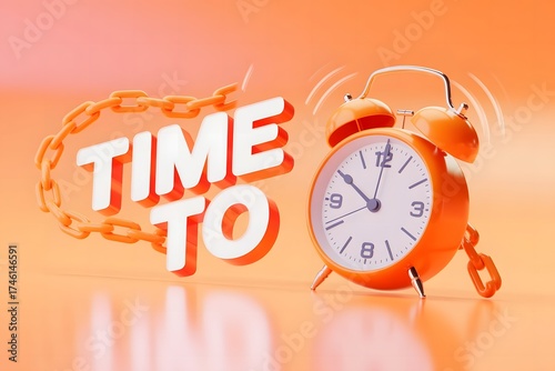 An orange alarm clock rings loudly next to the words time to in bold white letters with a chain effect on a warm orange gradient background symbolizing urgency and the passage of time