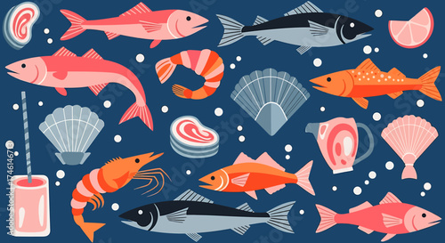 Seafood Assortment - Colorful Fish, Shrimp, Scallops, and Other Marine Delights.