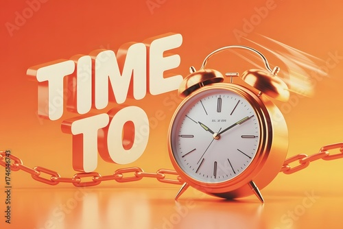 Golden alarm clock with wings and chains breaking free next to the words time to on a vibrant orange gradient background symbolizing freedom and opportunity