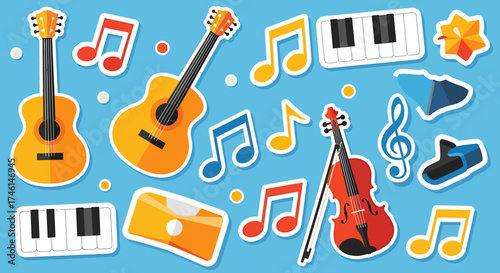 Vibrant Collection of Musical Instruments and Notes.