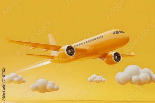 A vibrant yellow passenger airplane soaring through a bright yellow sky surrounded by fluffy white clouds symbolizing travel and adventure