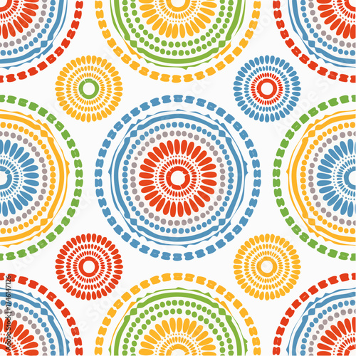 A seamless African Maasai beadwork pattern with circular colorful motifs. Perfect for festive packaging, cultural textiles, and accessories.