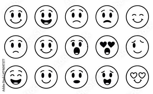 Charming collection of hand drawn smileys expressing diverse emotions and feelings