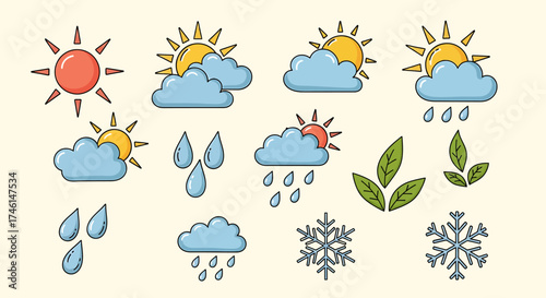 Weather Icons - Sun, Clouds, Rain, Snowflakes, and Leaves in Cartoon Style.