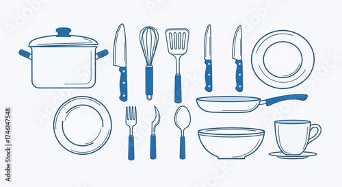 Assortment of Blue-Handled Kitchen Utensils and Cookware Collection.