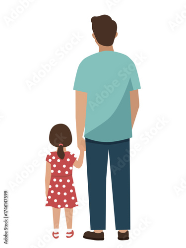 A father and girl child stand holding hands with their backs to the viewer. Family bond and parental care concept for father's day.