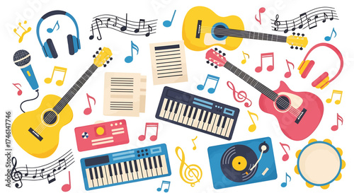 Colorful Assortment of Musical Instruments and Music Notes Illustration.