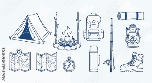 Detailed Hand-Drawn Camping Gear Set - Tent, Backpack, Lantern, and More.
