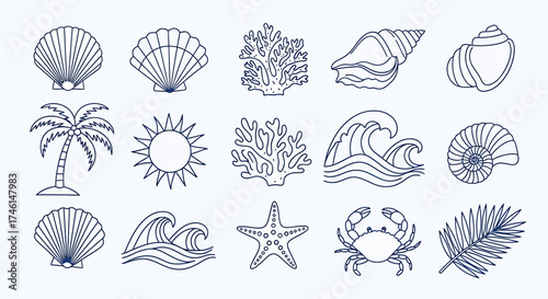 Detailed outline sea and beach elements line art illustrations collection.