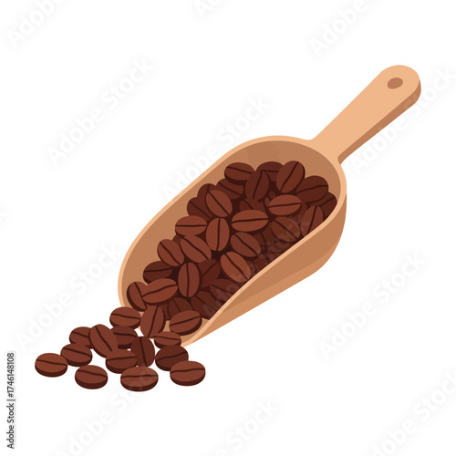 Fresh coffee beans spilling from rustic wooden scoop on bright backdrop