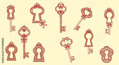Ornate Vintage Keys and Keyholes with Decorative Bows.