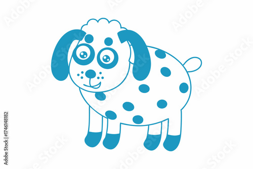 Outlined cartoon puppy stands cheerfully featuring blue spots and whimsical expression on a white background
