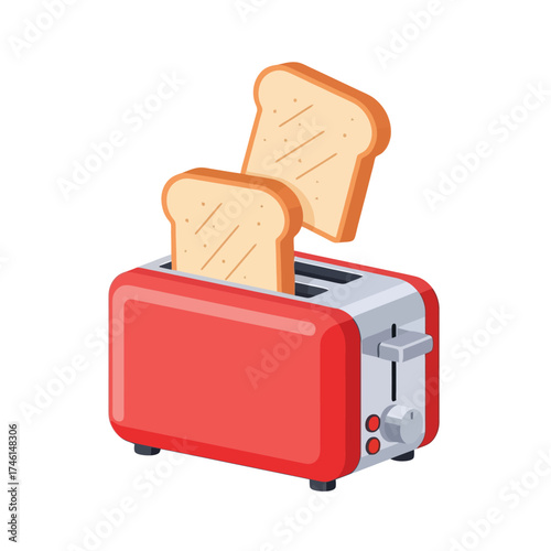 Fresh toast popping from vibrant red toaster ready for breakfast time