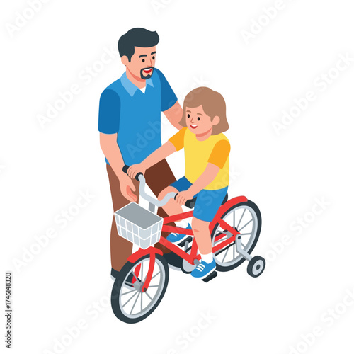 Loving father teaches daughter how to ride her bike with training wheels