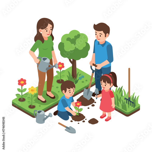 Cheerful family planting flowers together in garden, springtime happiness