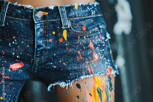 Colorful paint splatters adorn distressed denim shorts.