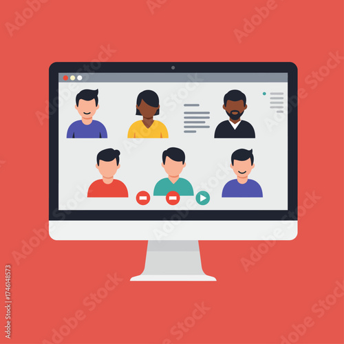 Computer screen displaying a video conference call with six diverse participants in a flat vector illustration style.