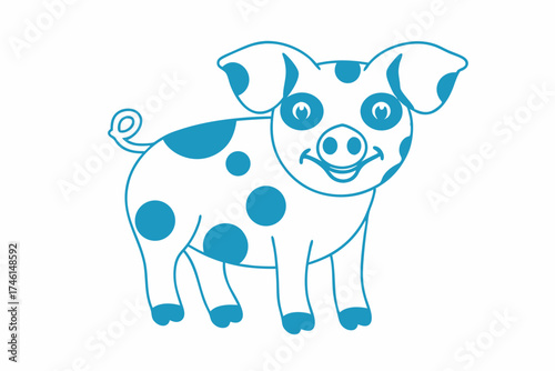 Playful outlined piglet sporting blue spots cheerfully stands on a white background