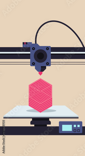 A modern 3D printer precisely creating a pink geometric cube object layer by layer on its platform.