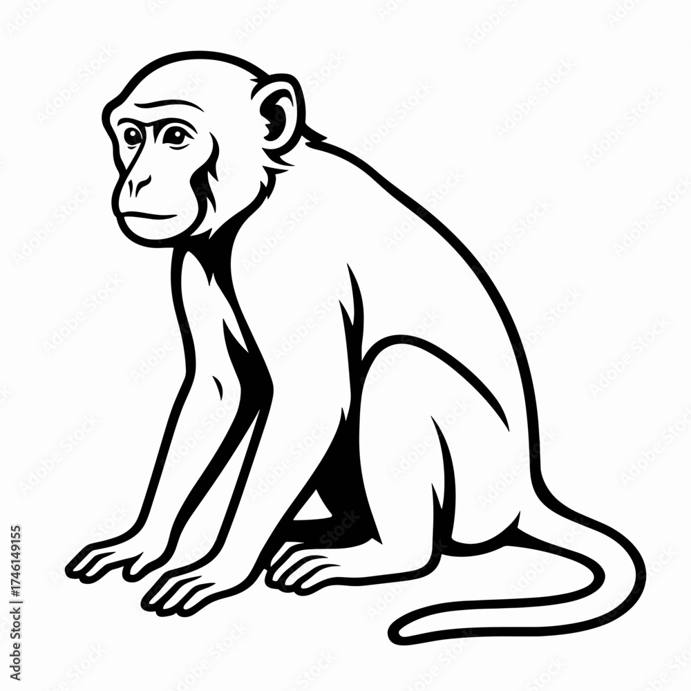Obraz premium Line art monkey sitting with a neutral expression on a plain background 