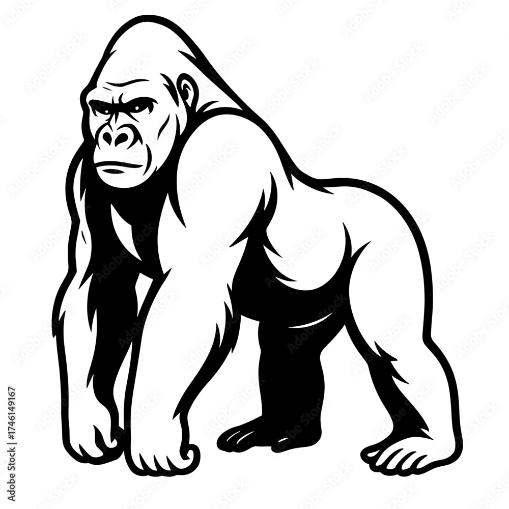 Obraz premium Black and white gorilla standing with a powerful stance
