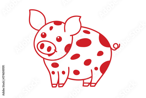Red outlined cartoon pig with polka dots stands cheerfully on an isolated white backdrop