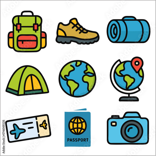 Flat Icon Set, Backpacking Trip Travel Essentials with Bold Outlines
