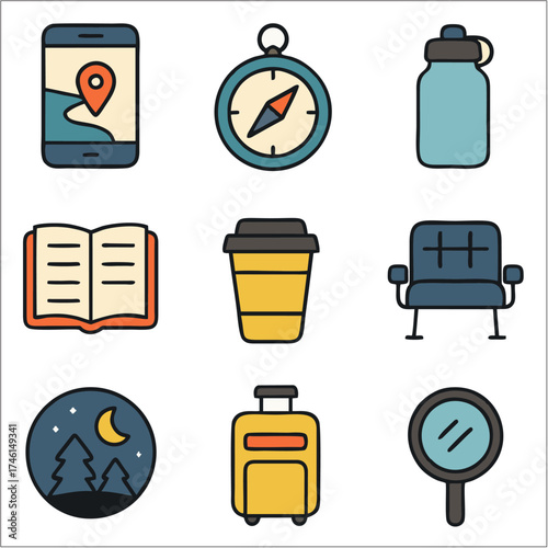 Flat Icon Set, Solo Travel Essentials with Bold Outlines