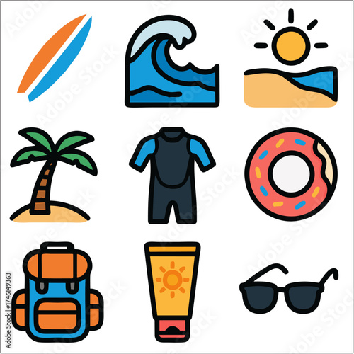 Flat Icon Set, Surfing Beach Lifestyle with Bold Outlines 