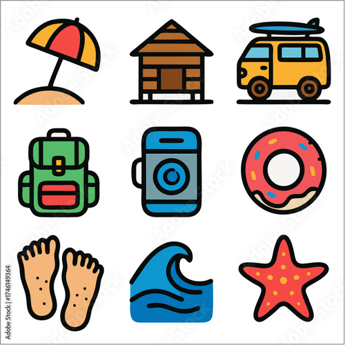 Flat Icon Set, Surfing Beach Lifestyle with Bold Outlines 