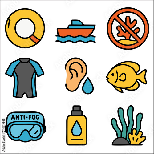 Flat Icon Set, Snorkeling and Underwater Adventure with Bold Outlines