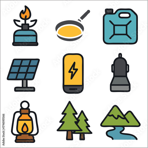 Flat Icon Set, Camper Van Life & Road Trip Essentials with Bold Outlines
