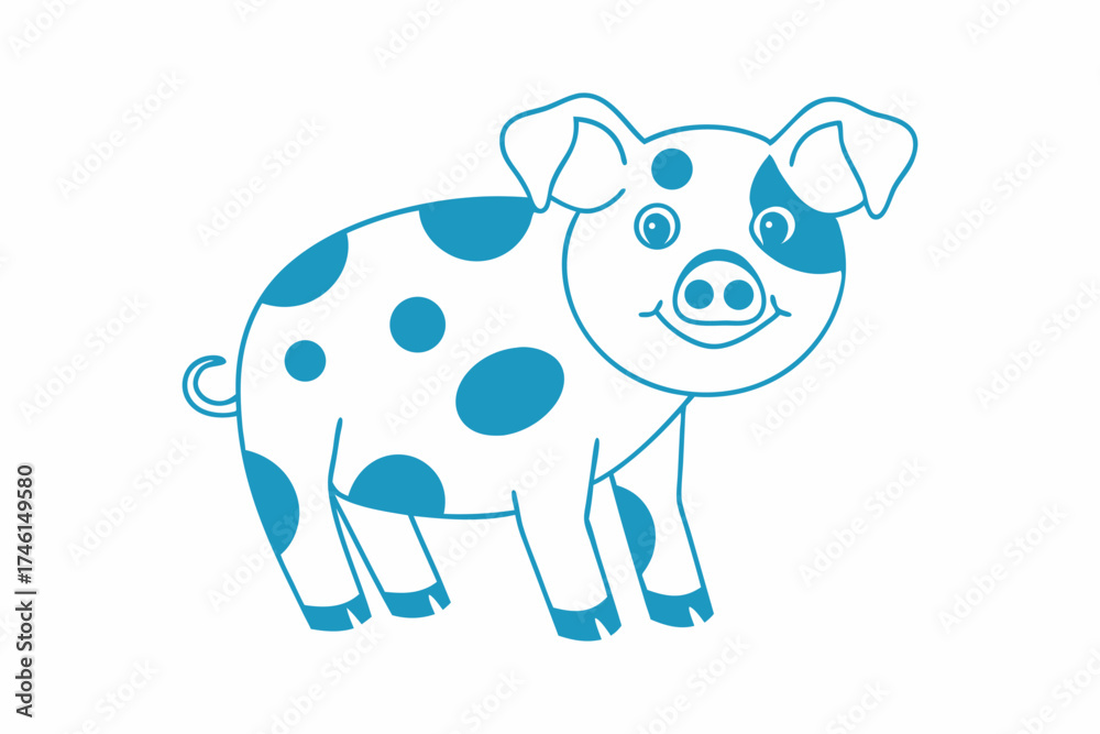 Obraz premium Smiling blue spotted pig stands isolated against a clean white background