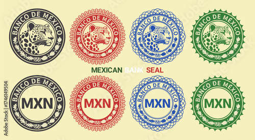 Vector graphic set of financial fictional American seals. Collection of round icons with Mexican peso symbol and spotted leopard head. Spanish inscription means bank of Mexico