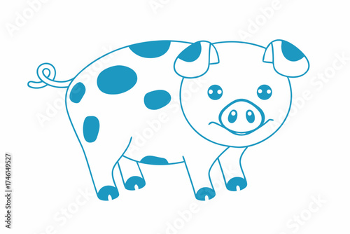 Simple outlined drawing shows a cute piglet with blue spots and curly tail