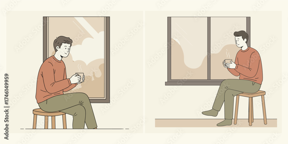 Fototapeta premium Man sitting and holding a cup in a calm environment, looking relaxed and thoughtful