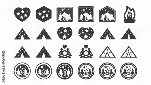Explore outdoors with camping, nature, and love themed icons for adventure seekers and design enthusiasts