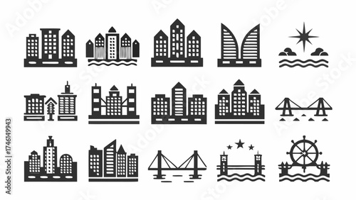 Cityscape icons showcase modern urban designs, ideal for creative projects and architectural inspiration
