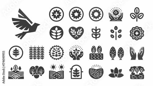 Eco agriculture icon collection with bird, wheat, plants, sun, hands, trees for sustainable living