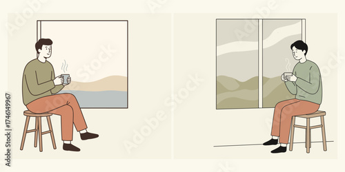 Two men sit on stools by windows, each holding a cup of coffee, observing the abstract landscapes outside, conveying a sense of quiet contemplation