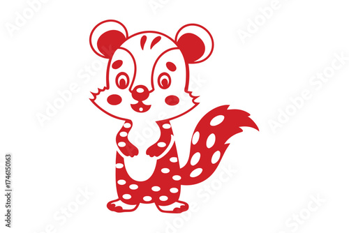 Spotted red cartoon squirrel standing cheerfully with a bright smile on the white background