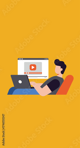 Illustration of a person reclining in a chair while using a laptop, with a video playing on a screen behind.