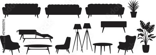 Modern living room furniture silhouette vector illustration, interior design elements set with sofa, chairs, tables, lamps and plants, home decor graphic art