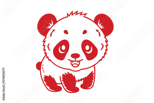 Stylized white panda bear outlined in red smiles cheerfully against a clean background