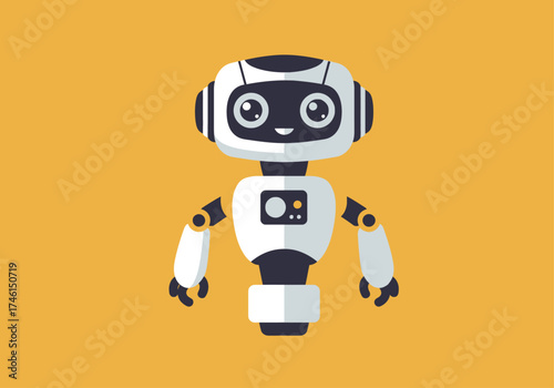 A cute and friendly cartoon robot character with a smiling face, isolated on a yellow background.