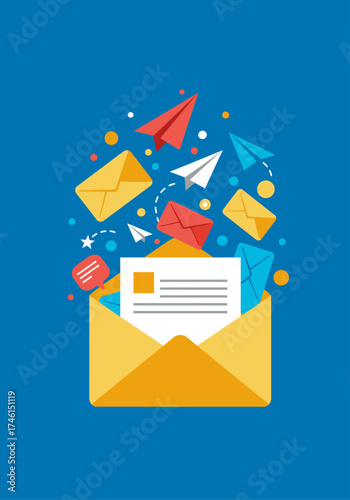 A vibrant illustration of an open envelope releasing a newsletter, mail, and paper airplanes, symbolizing digital communication.